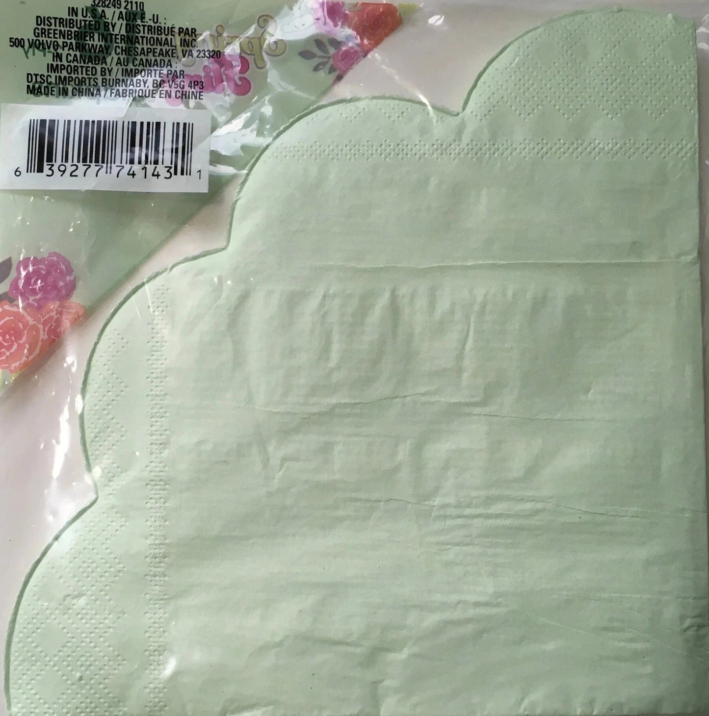 Garden Spring Fling "Pretty Pastels Pear Green" Scalloped Die-Cut Edge Luncheon Paper Napkins 16ct
