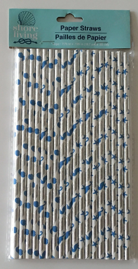 Shore Living "Metallic Silver, Starfish, Seashell & Seahorse" Striped Paper Straws 18ct