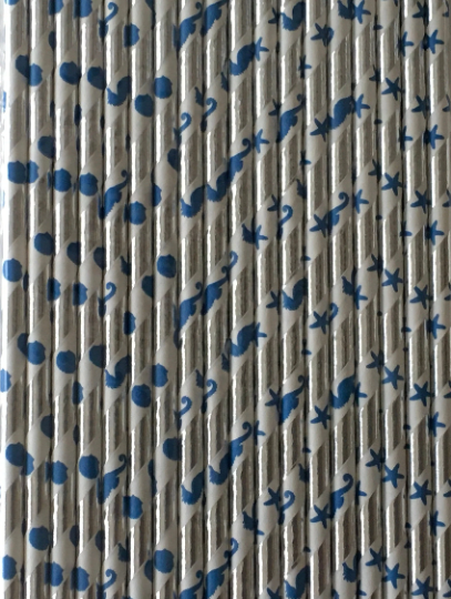 Shore Living "Metallic Silver, Starfish, Seashell & Seahorse" Striped Paper Straws 18ct