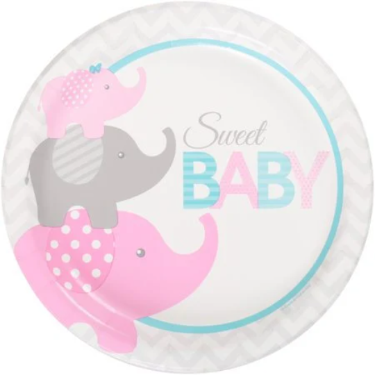 Sweet Baby Girl Elephant Lunch Paper Plates 12ct