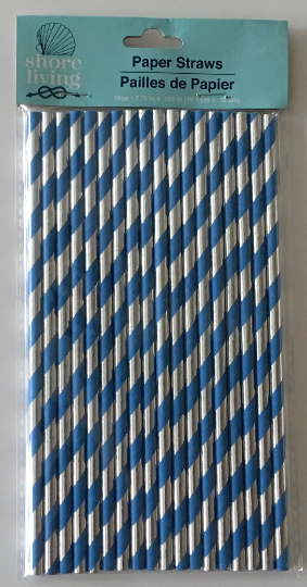 Shore Living "Metallic Silver and Cerulean" Striped Paper Straws 18ct