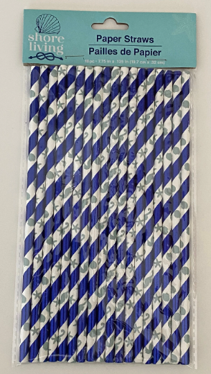 Shore Living "Metallic Royal Blue, Starfish, Seashell & Seahorse" Striped Paper Straws 18ct