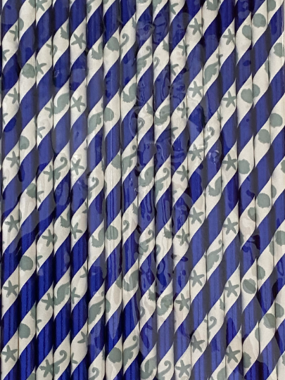 Shore Living "Metallic Royal Blue, Starfish, Seashell & Seahorse" Striped Paper Straws 18ct