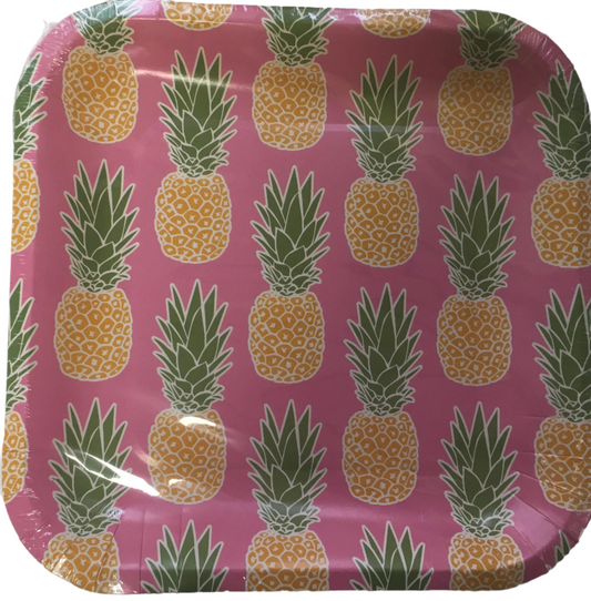 Tropical Luau "Pineapple" Lunch Square Paper Plates 12ct