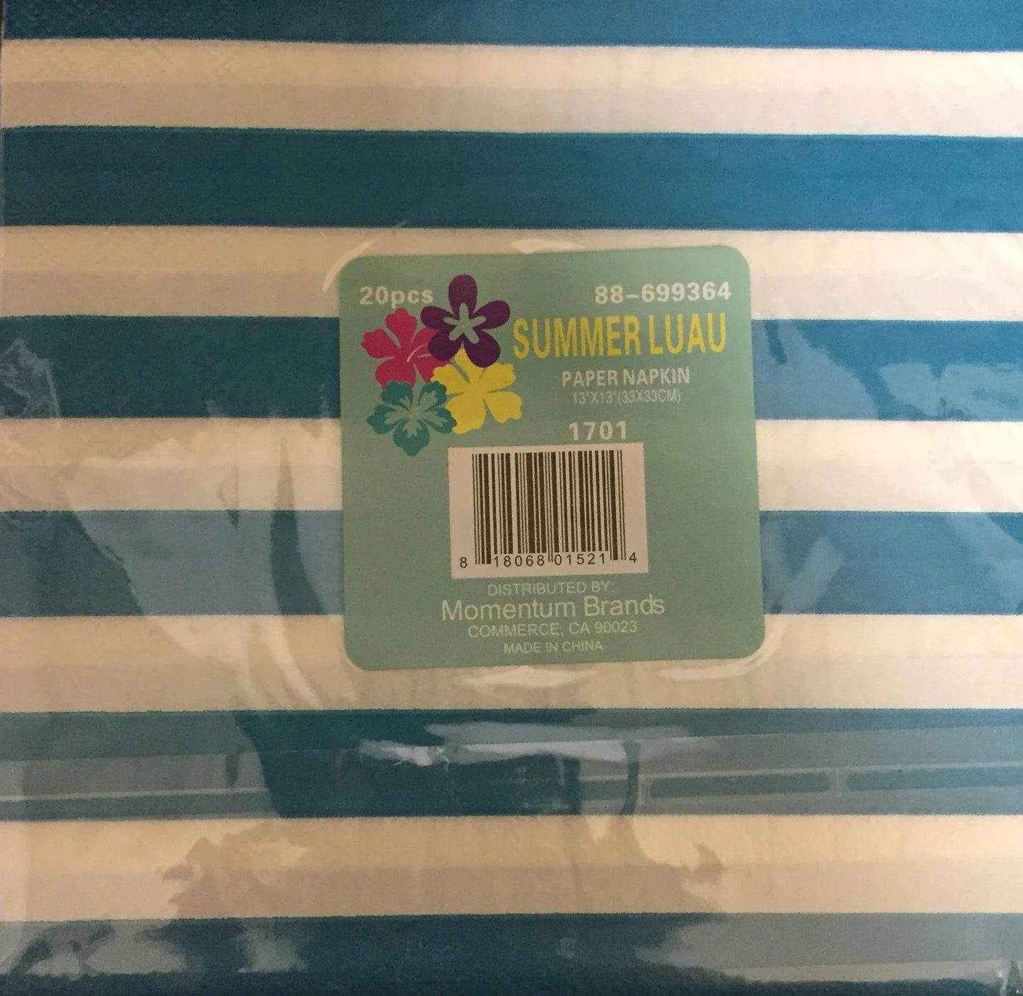 Summer Luau Striped Turquoise Luncheon Paper Napkins 20ct