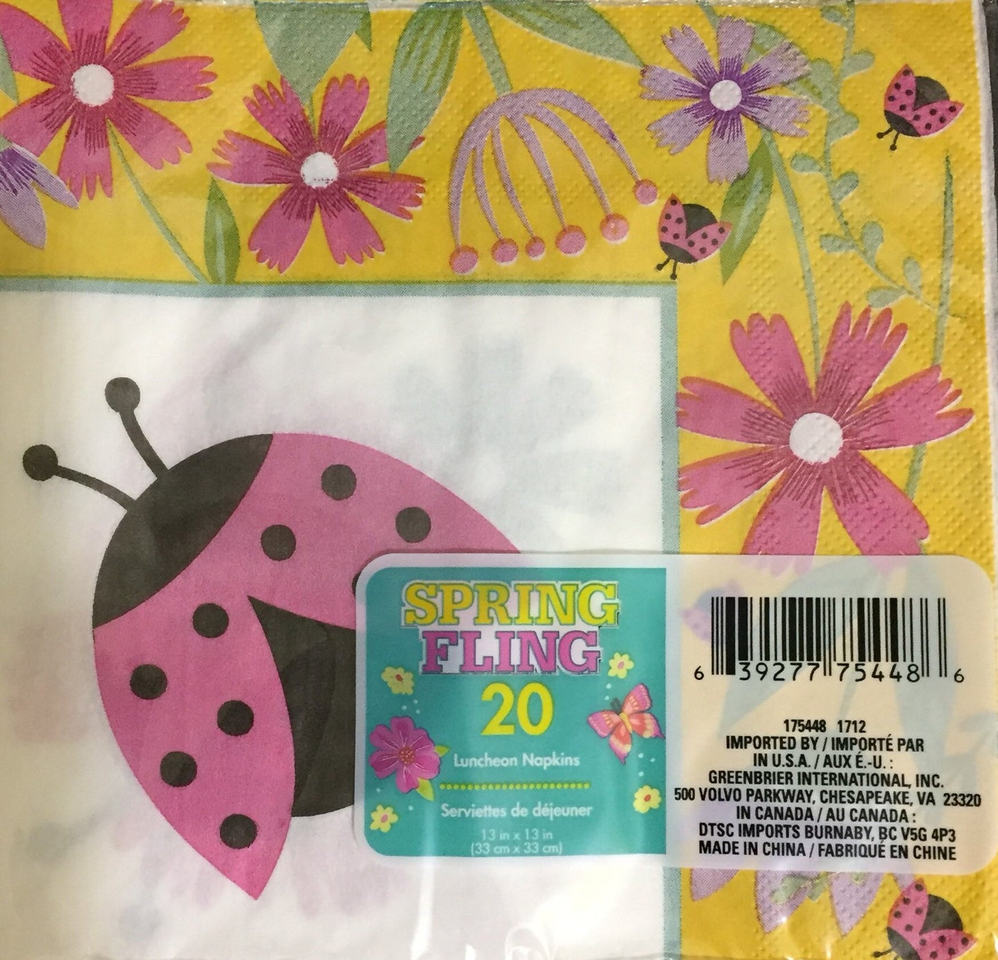 Garden Spring Fling "Floral & Ladybugs" Luncheon Paper Napkins 20ct