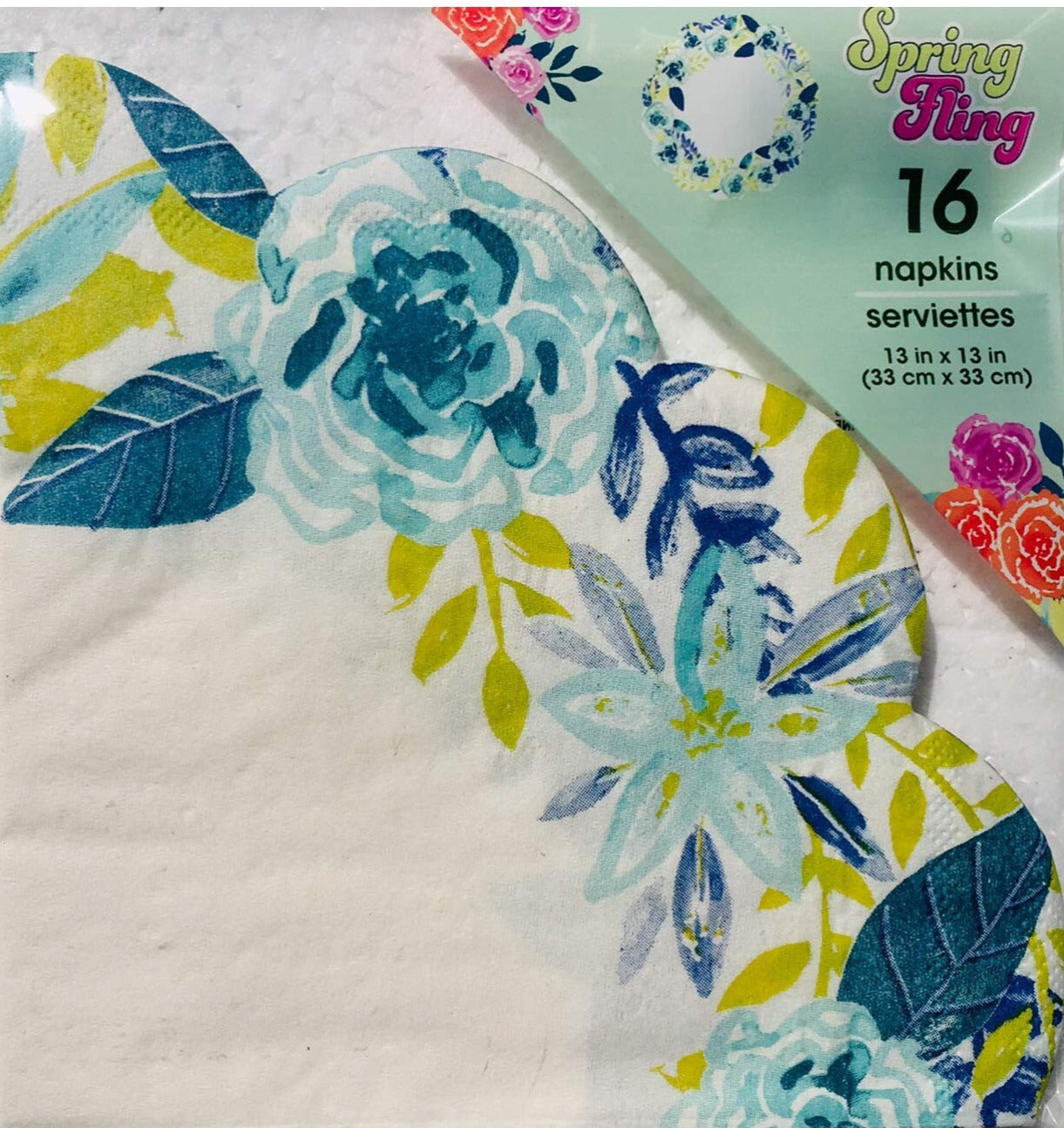 Garden Spring Fling "Sentiment Blue Floral" Scalloped Die-Cut Edge Luncheon Paper Napkins 16ct