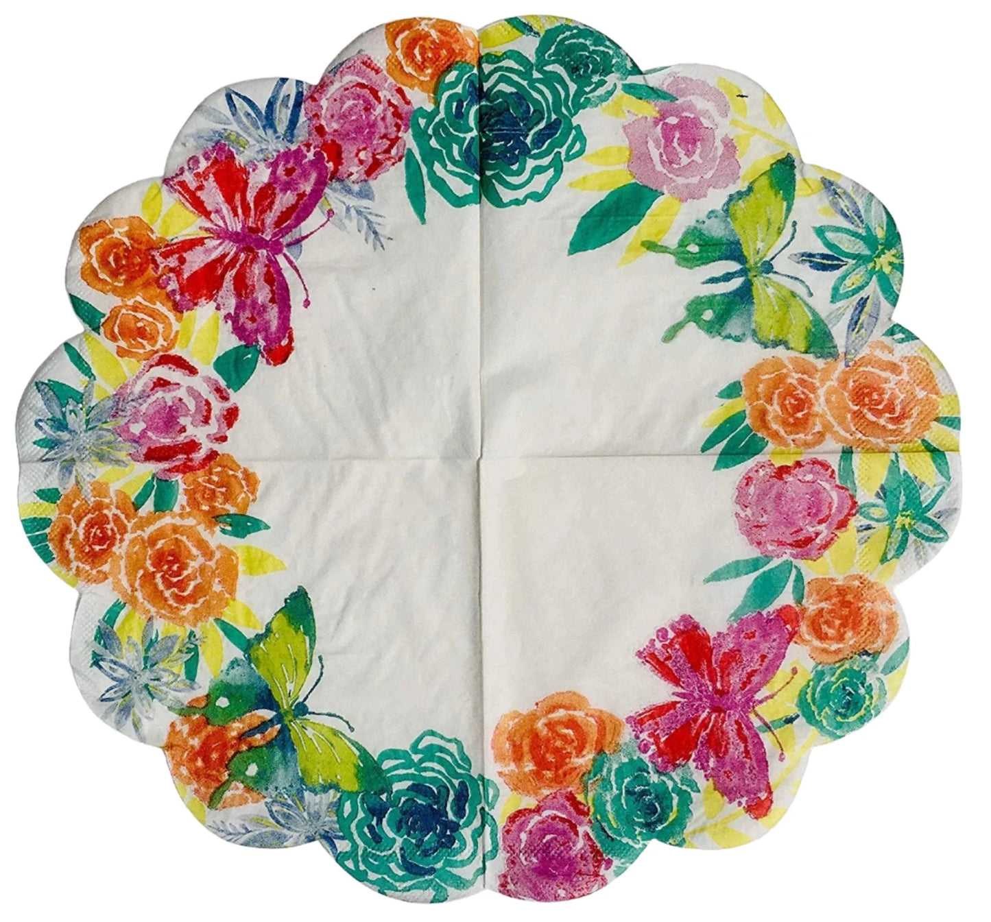 Garden Spring Fling "Sentiment Floral Butterfly" Scalloped Die-Cut Edge Luncheon Paper Napkins 16ct