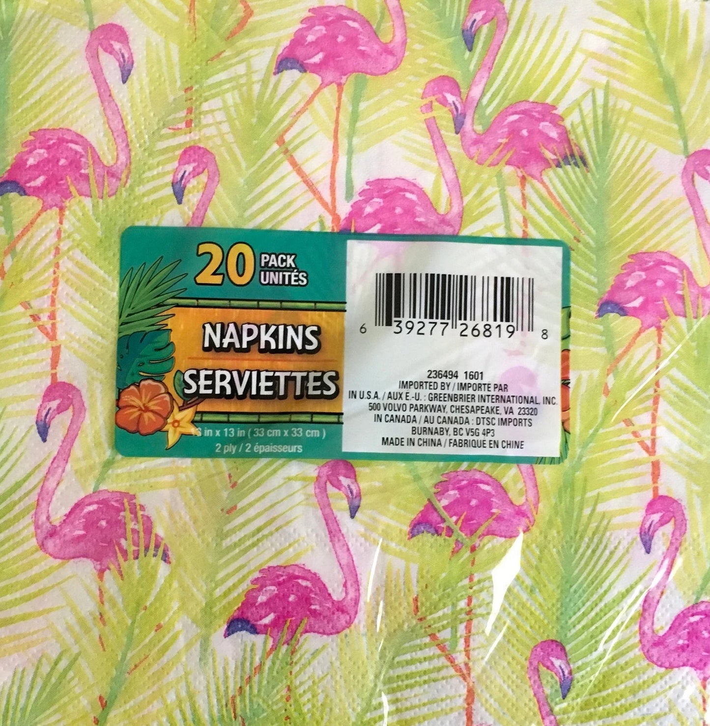 Tropical Luau "Flamingos & Palm Leaves" Luncheon Paper Napkins 20ct