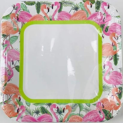 Tropical Luau "Flamingos" Lunch Square Paper Plates 12ct