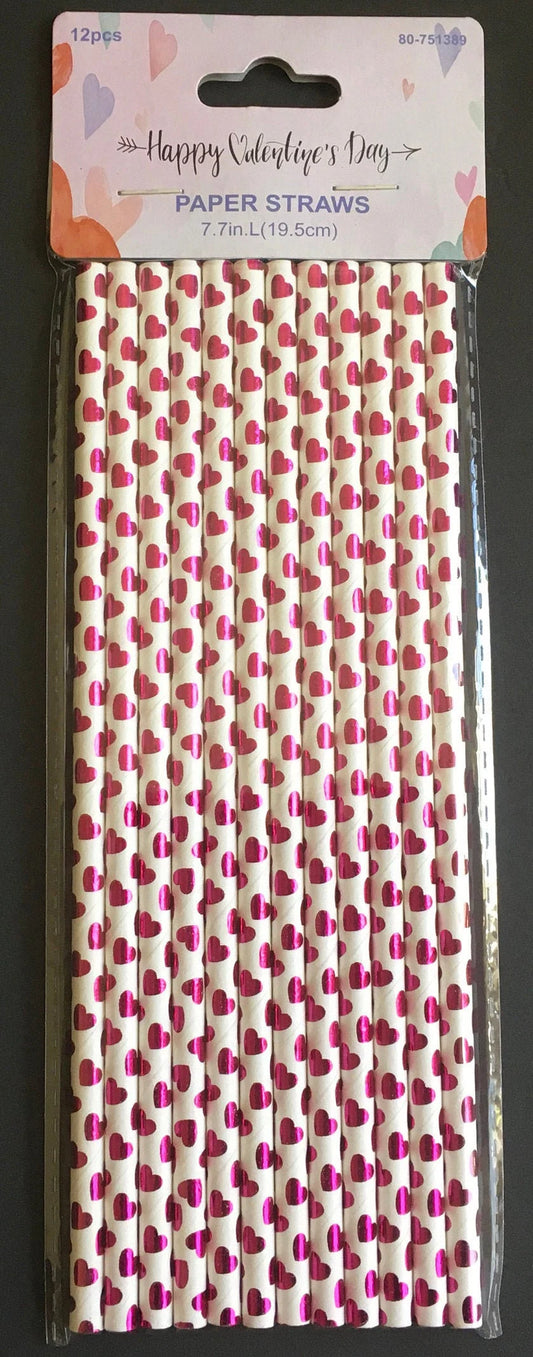 Happy Valentine's Day "Fuchsia Hearts" Foil Paper Straws 12ct