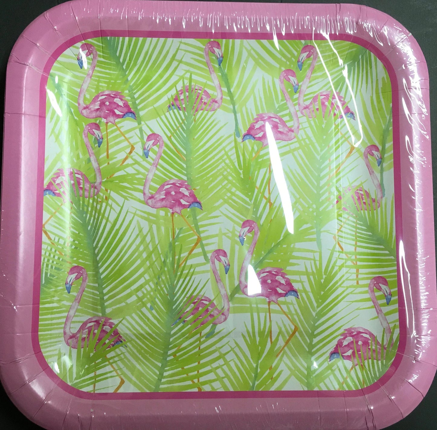 Tropical Luau "Flamingos & Palm Leaves" Lunch Square Paper Plates 14ct