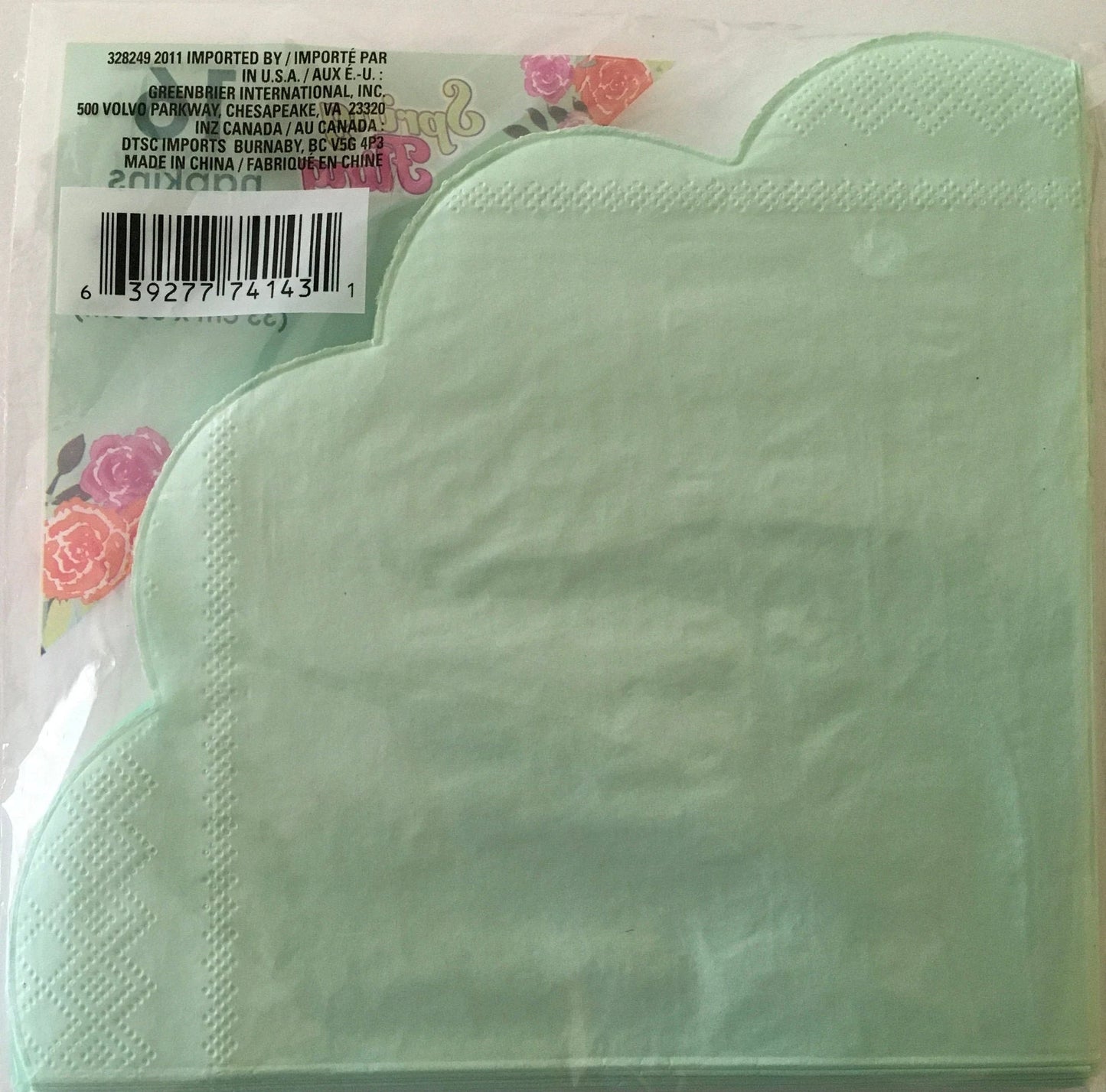 Garden Spring Fling "Pretty Pastels Fresh Mint" Scalloped Die-Cut Edge Luncheon Paper Napkins 16ct