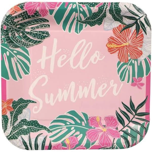 Tropical Luau "Hello Summer" Lunch Square Paper Plates 12ct