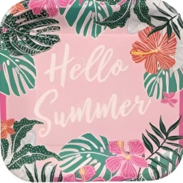 Tropical Luau "Hello Summer" Lunch Square Paper Plates 12ct