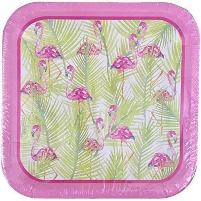 Tropical Luau "Flamingos & Palm Leaves" Lunch Square Paper Plates 14ct