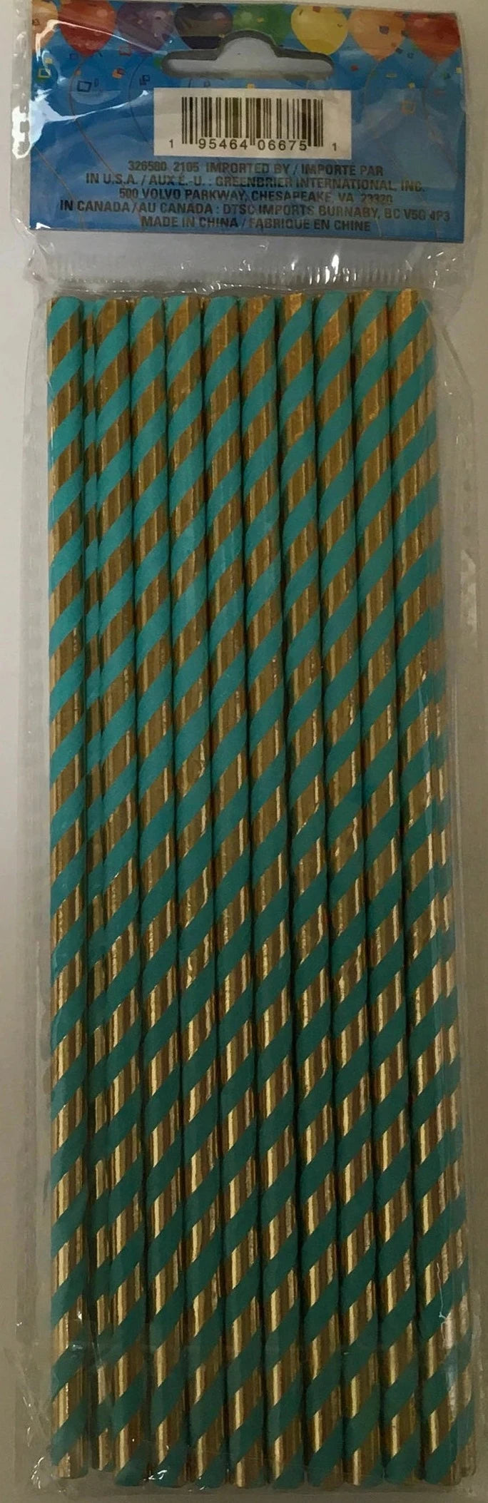 Metallic Gold and Turquoise Striped Paper Straws 20ct