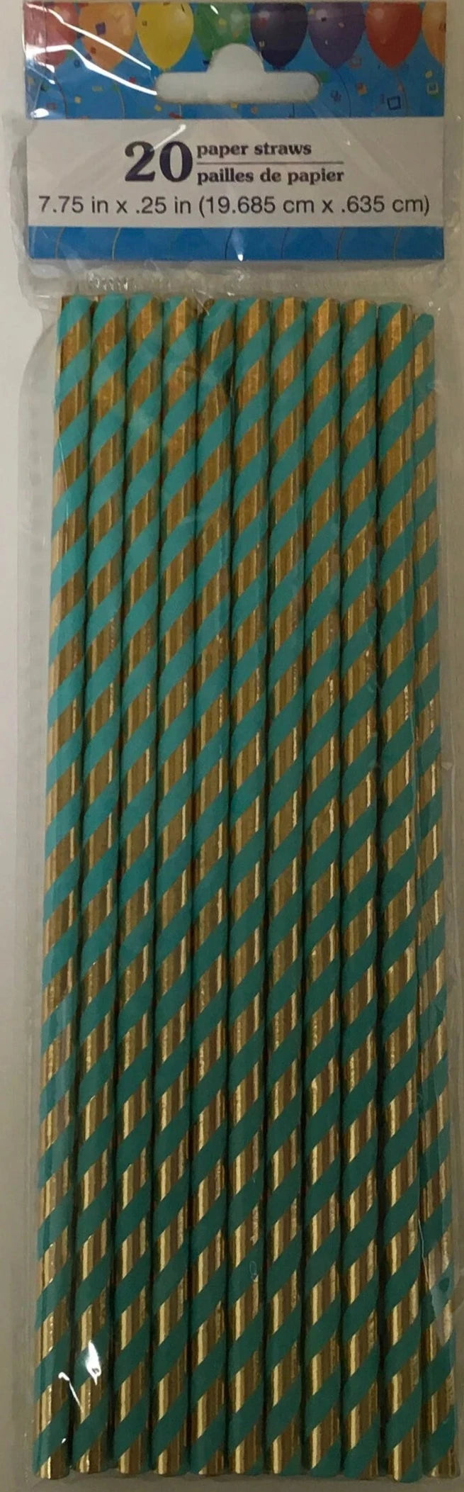 Metallic Gold and Turquoise Striped Paper Straws 20ct