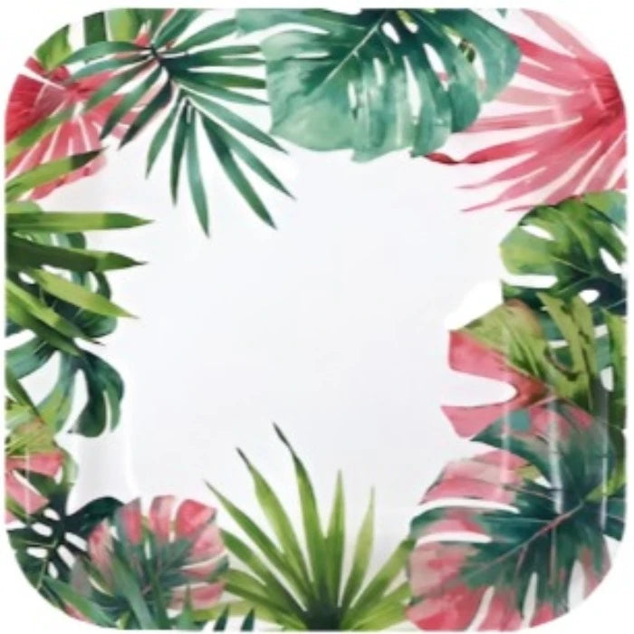 Tropical Luau "Tropical Leaves" Lunch Square Paper Plates 12ct