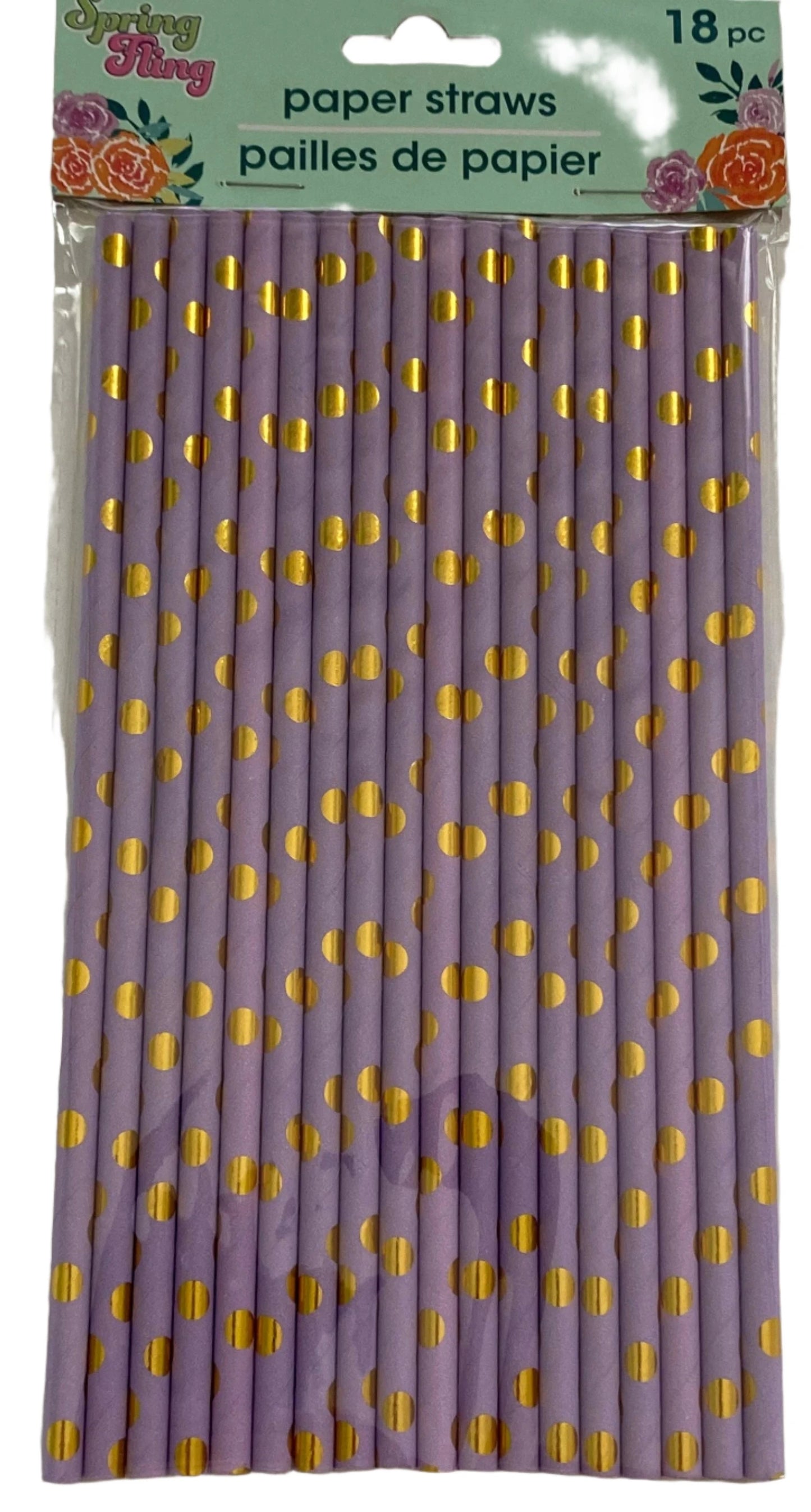 Garden Spring Fling ''Pretty Pastels Luscious Lavender and Metallic Gold" Foil Polka Dot Paper Straws 18ct