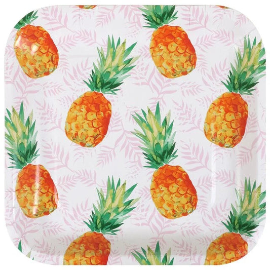 Tropical Luau "Summer Vibes Pineapple" Lunch Square Paper Plates 12ct