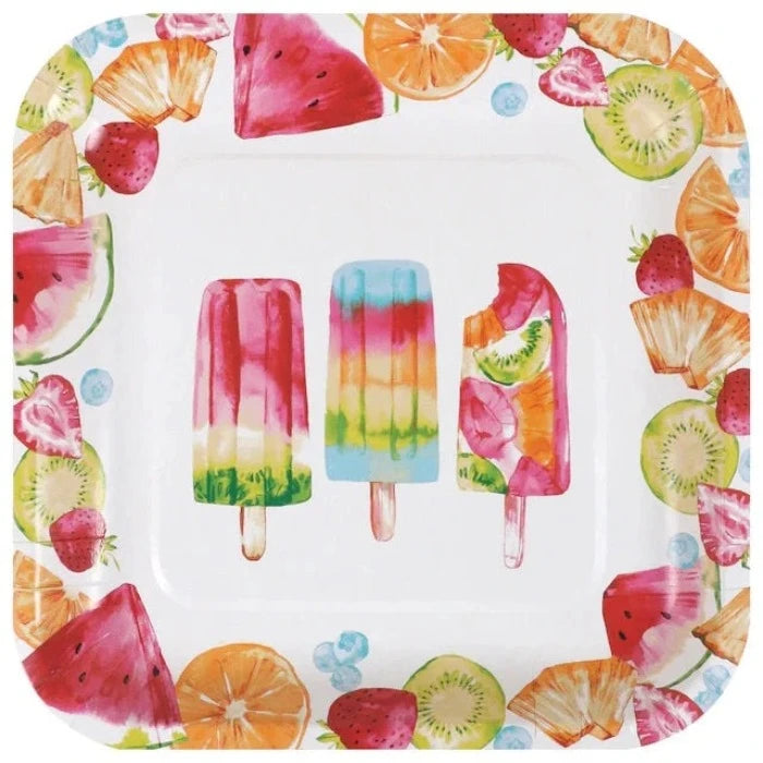 Sweet Summer "Ice Pop Fruits" Lunch Square Paper Plates 12ct