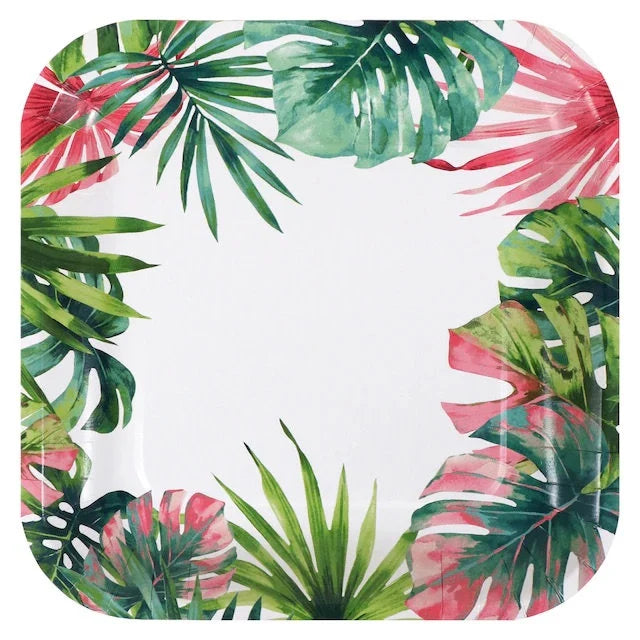 Tropical Luau "Tropical Leaves" Lunch Square Paper Plates 12ct