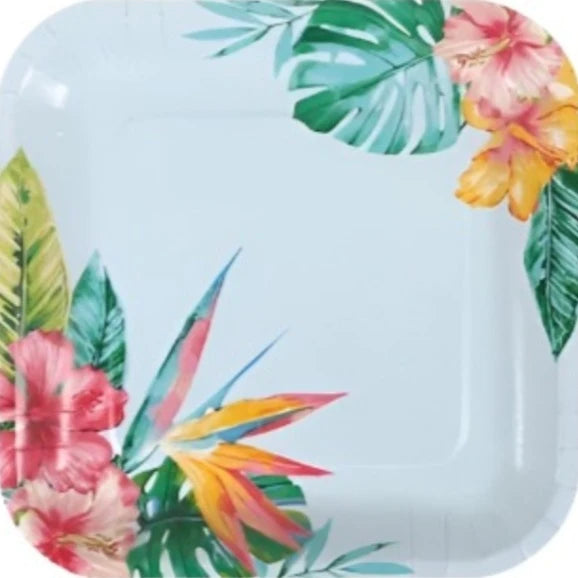 Tropical Luau "Tropical Flowers" Lunch Square Paper Plates 12ct