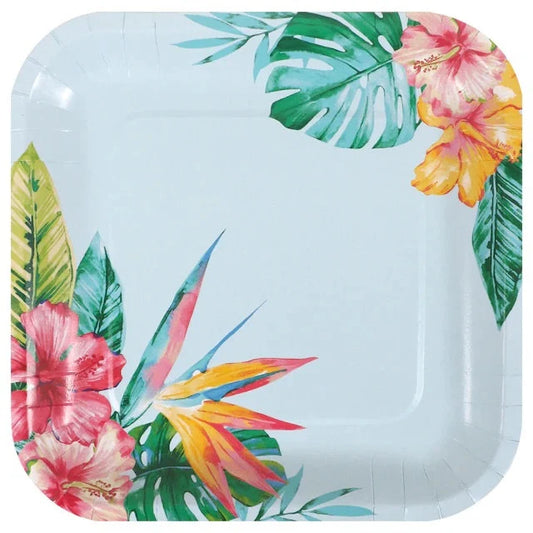 Tropical Luau "Tropical Flowers" Lunch Square Paper Plates 12ct