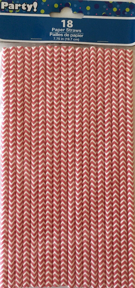 Rose Red & White Chevron Line Pattern Paper Straws 18ct