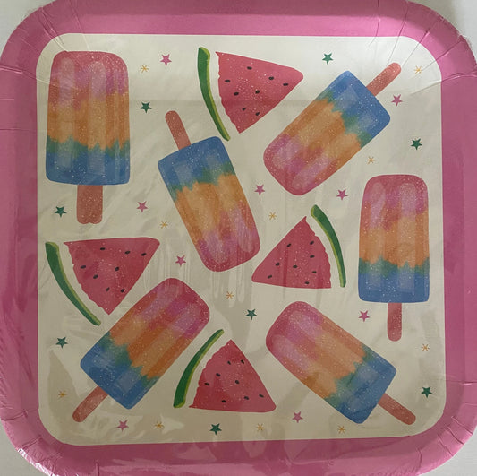 Summer Fun "Watermelon & Pop" Lunch Square Paper Plates 12ct