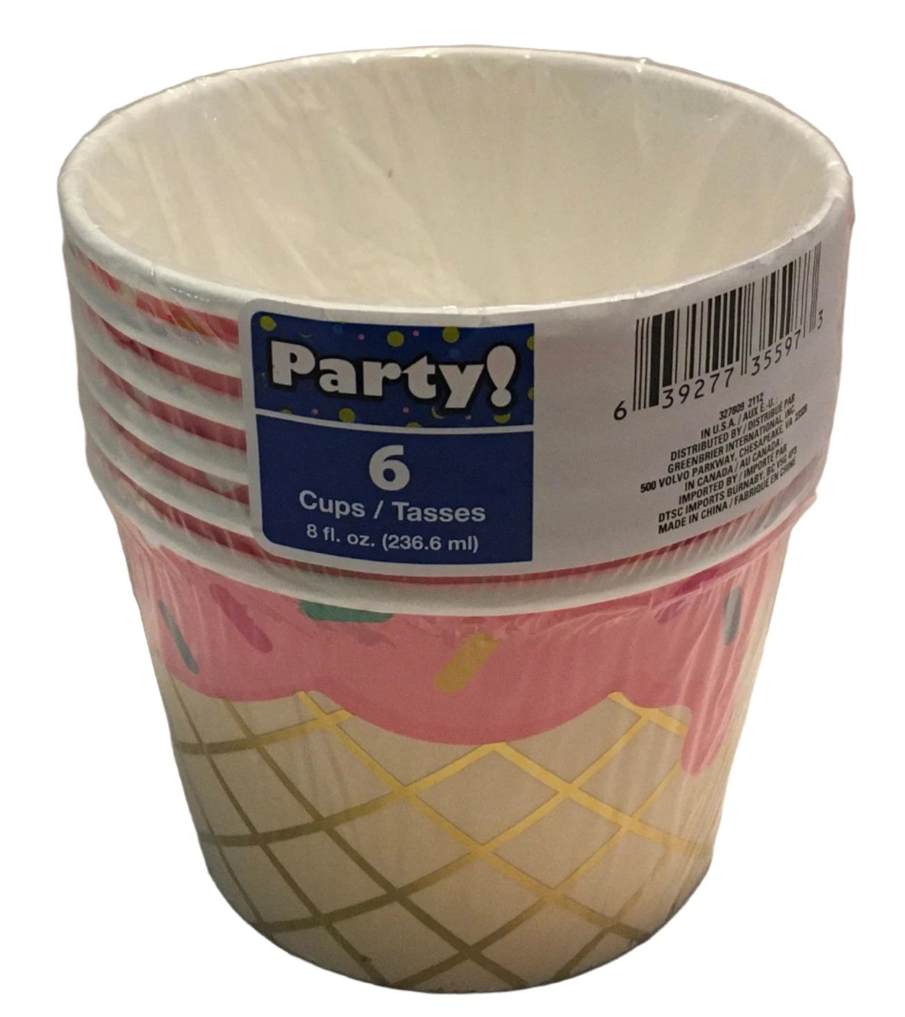 Ice Cream "Strawberry" Cone Shaped Paper Treat Cups 6ct