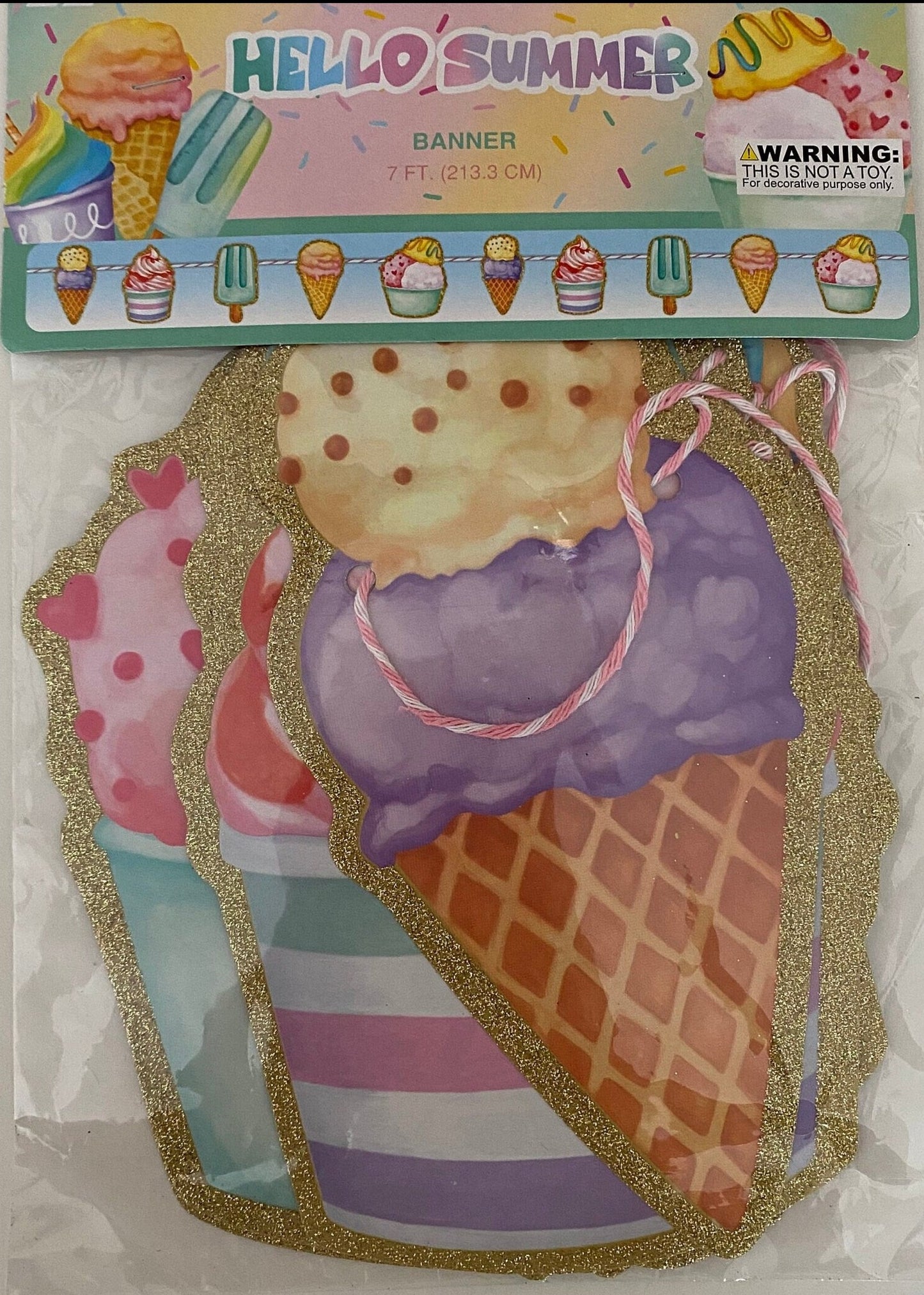 Hello Summer "Ice Cream Cone, Ice Cream Sundae and Popsicle" Twine Party Banner 7ft