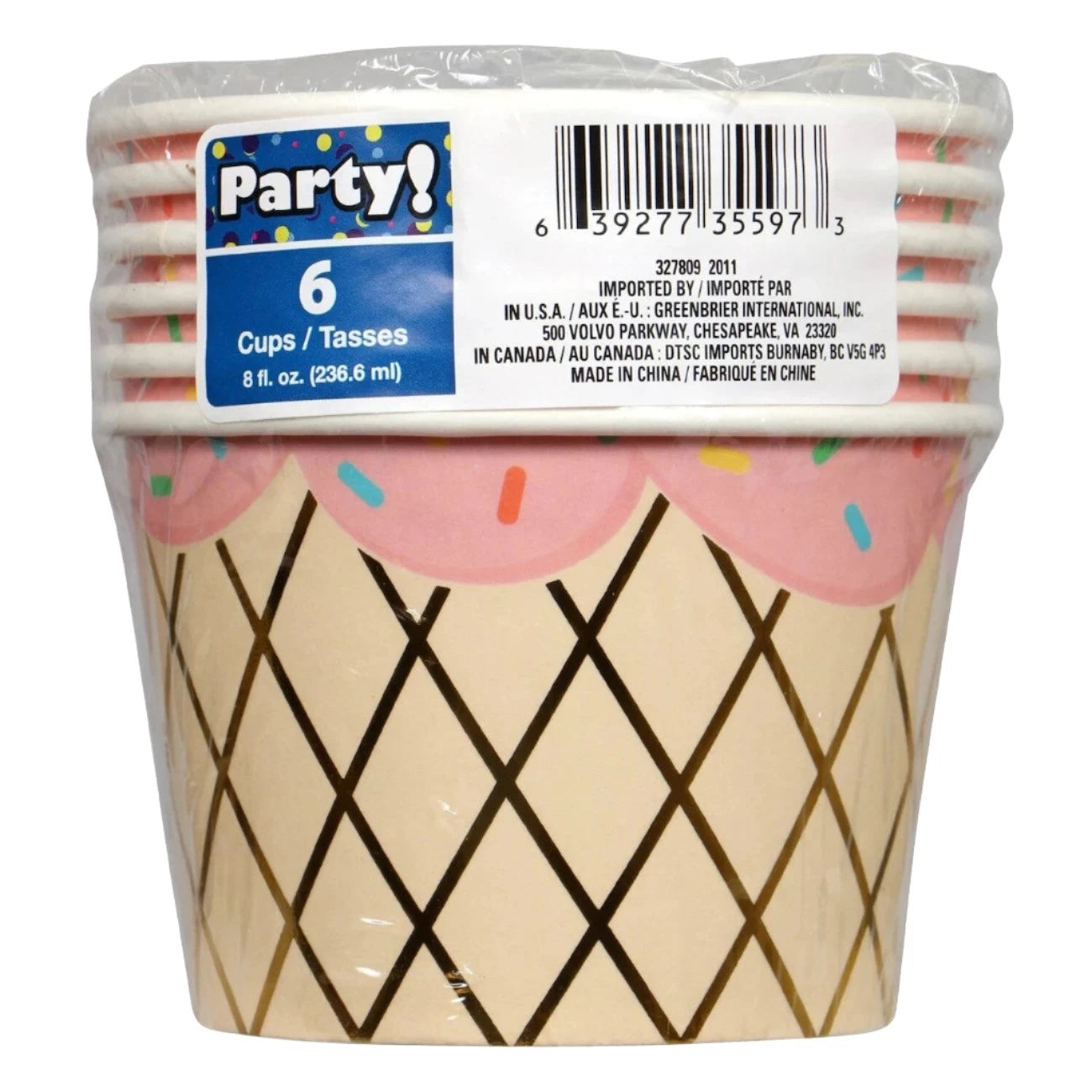 Ice Cream "Strawberry" Cone Shaped Paper Treat Cups 6ct