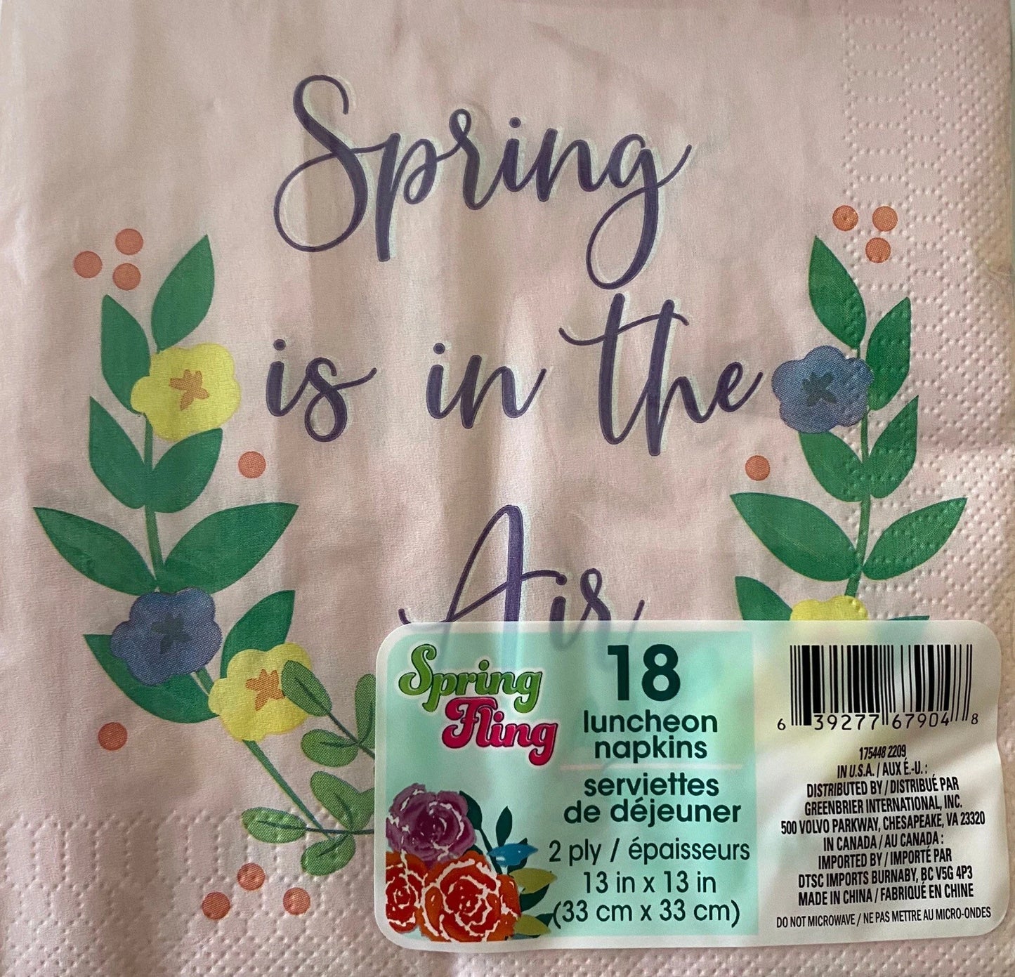 Garden Spring Fling "Spring Is in the Air" Luncheon Paper Napkins 18ct