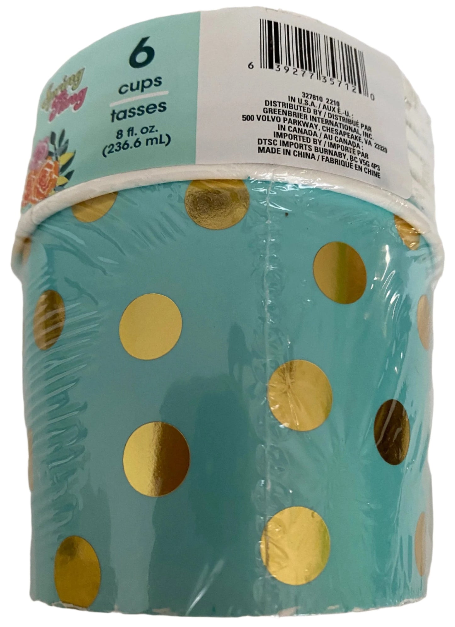 Garden Spring Fling ''Pretty Pastels Turquoise" Gold Foil Polka Dot Paper Treat Cups 6ct