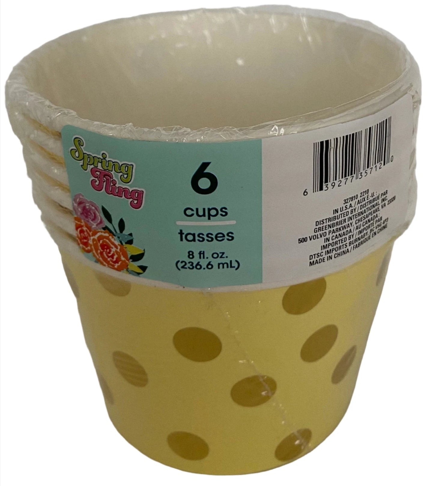 Garden Spring Fling ''Pretty Pastels Light Yellow" Gold Foil Polka Dot Paper Treat Cups 6ct